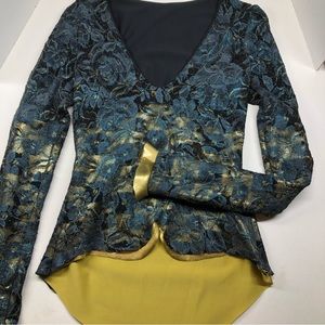 Maneca Active Wear Blue Lace & Gold Stretch V Neck Top Small Costume Festival